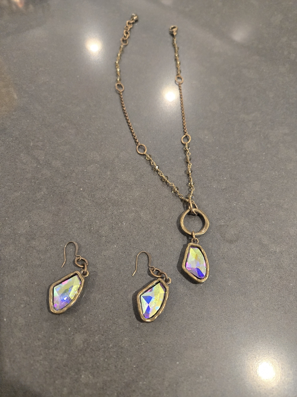 Gold-Tone Iridescent Crystal Pendant Necklace & Earring Set